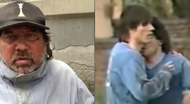 A sinistra Pietro Puzone oggi, a destra Puzone abbraccia Maradona durante l'amichevole ad Acerra