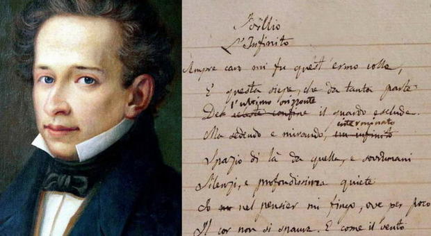 Un ritratto del poeta Giacomo Leopardi, a fianco la poesia L'Infinito