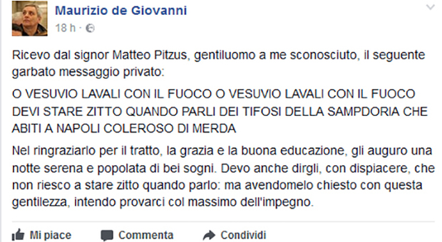 Il post con cui Maurizio de Giovanni ha denunciato su Facebook gli insulti razzisti