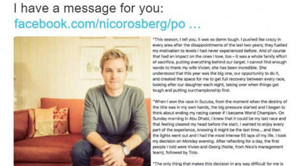 L'annuncio del ritiro di Nico Rosberg dalla sua pagina facebook