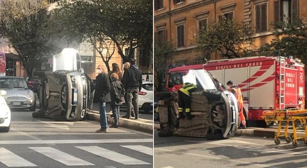 Roma, incidente a piazzale Flaminio: l'auto si ribalta, vigili del fuoco e 118 liberano il conducente