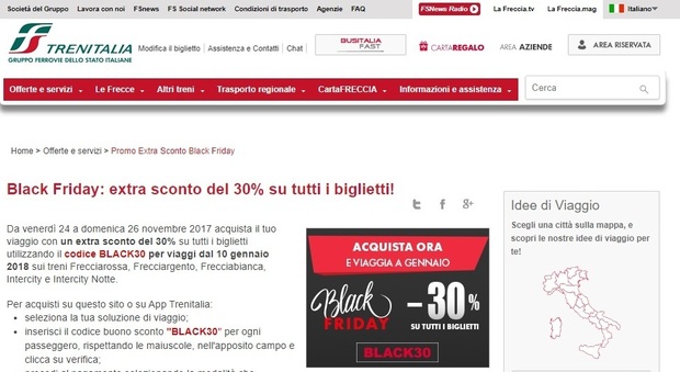 Black Friday 2017, l'offerta di Trenitalia: ecco il codice-sconto del 30% per i biglietti
