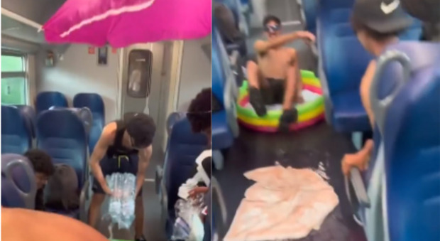 Piscina gonfiabile e ombrellone sul treno regionale: gruppo di ragazzi si riprende e condivide il (folle) gesto sui social. Salvini: «Chi pulirà?»