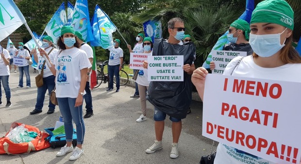 La manifestazione degli infermieri sotto l'Assessorato regionale alla Sanità a Pescara