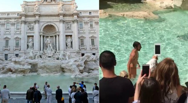 Fa il bagno nudo nella fontana di Trevi: fermato dai vigili, i turisti filmano tutto