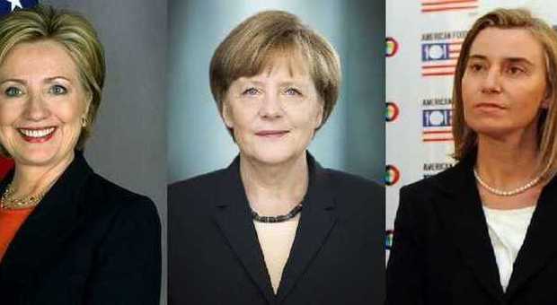 Da sinistra, Hillary Clinton, Angela Merkel e Federica Mogherini