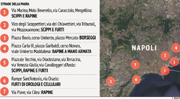 Napoli, boom di scippi e rapine: 30 strade a rischio, ecco la mappa