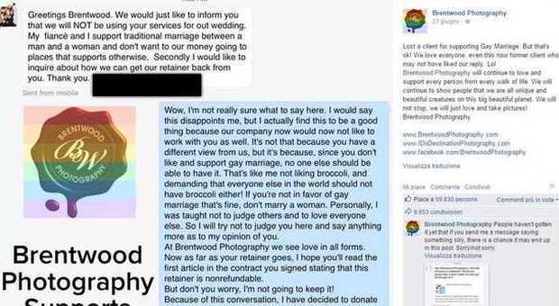 Il fotografo di nozze posta la foto 'arcobaleno' pro-gay: gli sposi gli tolgono il lavoro. E lui risponde così