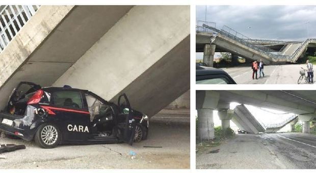 Cuneo, crolla cavalcavia su auto dei carabinieri: salvi