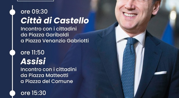 Giuseppe Conte in Umbria: il leader 5S a Città di Castello, Assisi e Spoleto