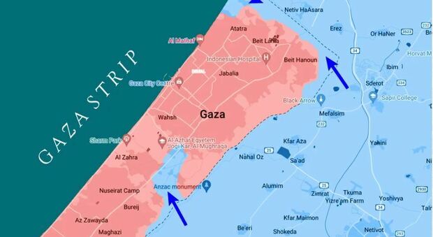 Israele, il piano dell'invasione: tagliare in due Gaza e isolarla. La mappa
