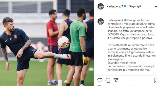 Carles Perez è positivo al Covid: l'annuncio del giocatore della Roma su Instagram