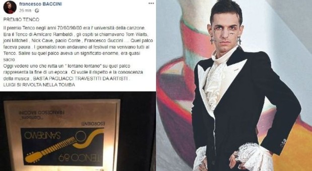 Achille Lauro canta al Premio Tenco, Francesco Baccini accusa: «Basta pagliacci vestiti da artisti, Luigi si rivolta nella tomba»