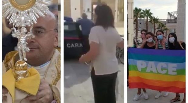 La foto (a sinistra il parroco, al centro la sindaca all'intervento dei carabinieri, a destra la manifestazione fuori dalla chiesa) è tratta dalla pagina Facebook di Emilio Mola