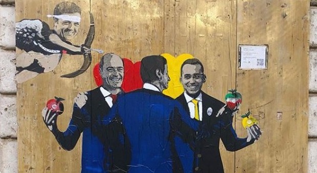 Governo, Tvboy colpisce ancora: il nuovo murale celebra il patto giallorosso tra Conte, Di Maio e Zingaretti