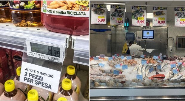 Nei supermercati sparisce il pesce italiano. Prodotti razionati: in molti market acquisti limitati per olio e farina