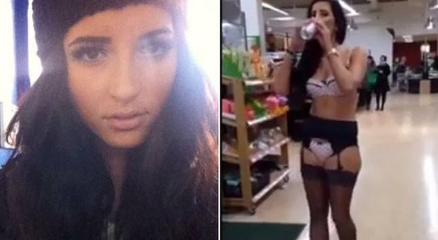 Rebecca Dagley, 19 anni, nuda in un supermercato beve birra