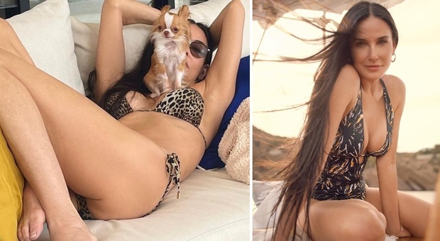 Demi Moore hot a 60 anni, il suo bikini leopardato è davvero sexy. I fan su Instagram: «Invidia per il cagnolino»