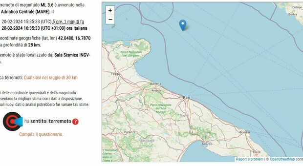 Scossa di terremoto di magnitudo 3.6 al largo del Gargano: avvertita anche nella Bat