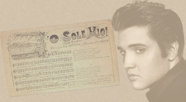 Il volto di Elvis Presley affiancato dallo spartito di 'O sole mio