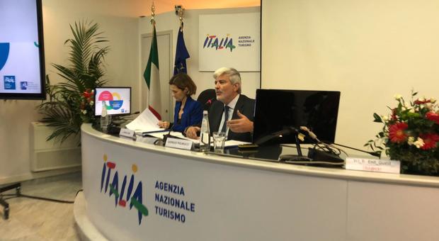 Un momento della conferenza stampa di Mibact e Enit con la sottosegretaria al Turismo Lorenza Bonaccorsi e il presidente Enit Giorgio Palmucci
