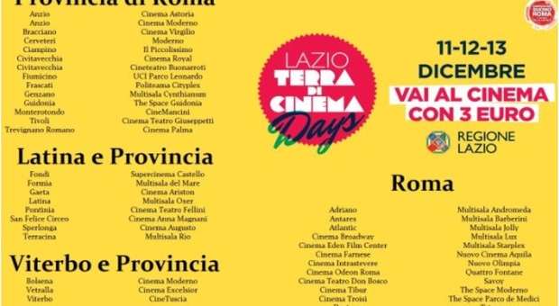 Lazio Terra di Cinema Days: per 3 giorni ingresso a soli 3 euro