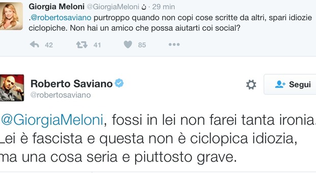 Meloni-Saviano, battibecco social: «Copi cose scritte da altri e spari idiozie ciclopiche». Lo scrittore: «Lei è fascista»