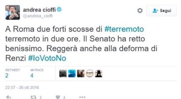 Terremoto, il tweet del senatore M5S Cioffi indigna il web: «Il Senato ha retto benissimo»