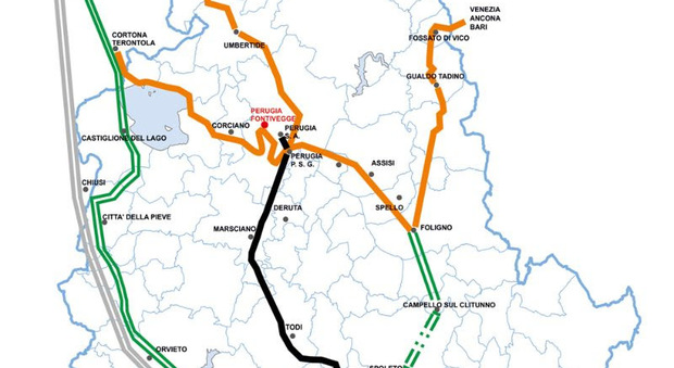 La cartina delle ferrovie umbre elaborata da Emanuele Pettini, informatico AUR