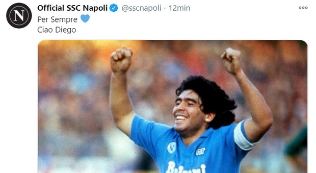 Morto Maradona, il tweet del Calcio Napoli: «Per sempre 💙 Ciao Diego»