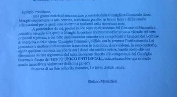 La lettera inviata da Monachesi al Consiglio (Messaggero)