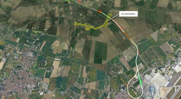 Il tracciato della Bretella e l'area di via Litomarino che sarebbe interessata