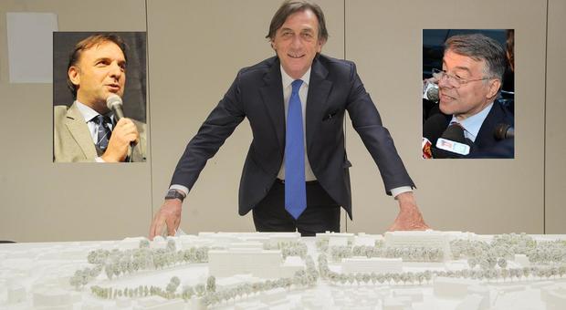 Il sindaco Giordani presenta il plastico del nuovo ospedale. Nelle foto piccole (Ansa) i predecessori Bitonci (a sin.) e Zanonato