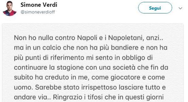 Su Twitter spunta anche il profilo fake di Verdi che saluta il Napoli