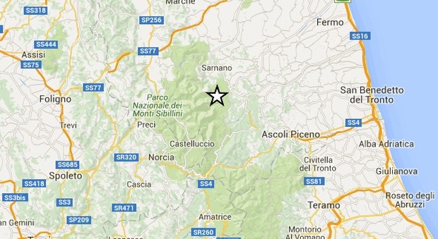 L'epicentro localizzato su Google Maps dall'Ingv