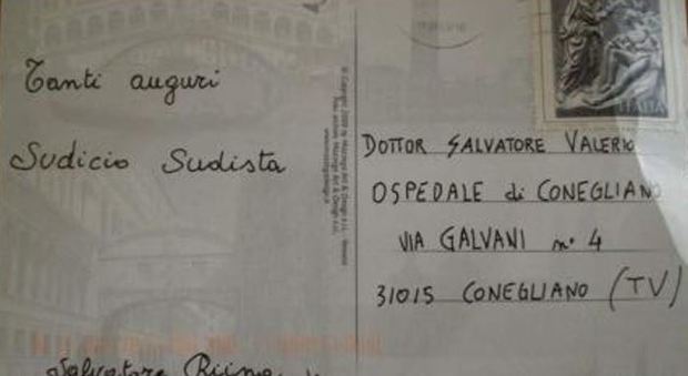 La cartolina recapitata in ospedale a Conegliano e indirizzata al primario di Urologia Salvatore Valerio