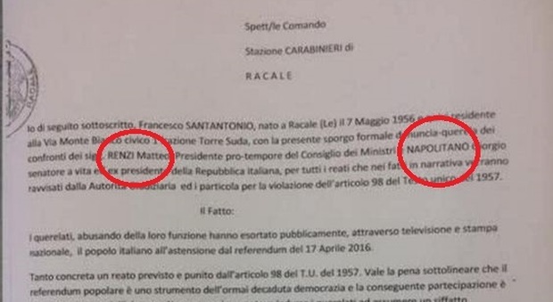 Referendum, 60enne denuncia Renzi e Napolitano per "invito all'astensione". Carabinieri stupiti