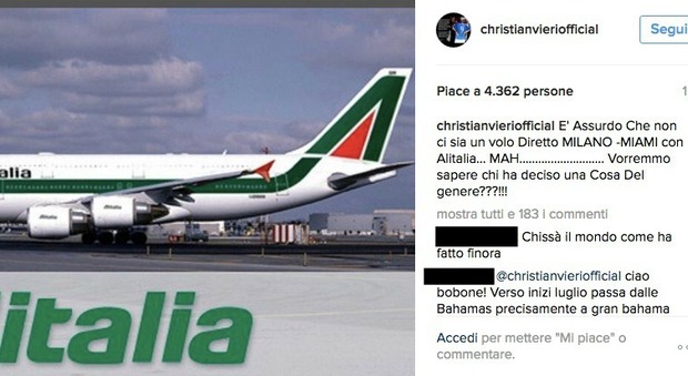 Bobo Vieri contro Alitalia: "Assurdo che non ci sia un volo diretto Milano-Miami". E la compagnia risponde