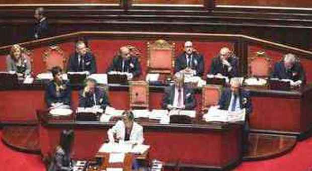I senatori Idv occupano i banchi del governo al Senato (foto Scrobogna - LaPresse)
