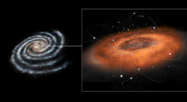 L'immagine artistica di un buco nero al centro di una galassia