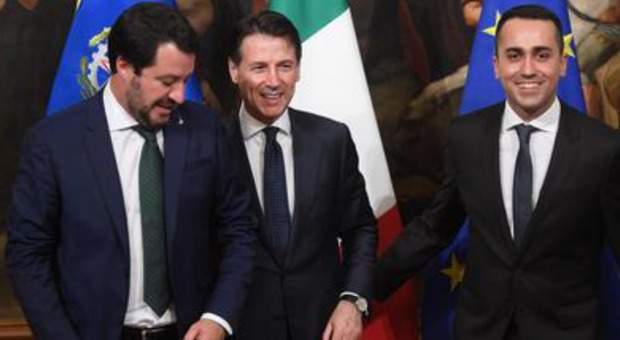 Matteo Salvini, Giuseppe Conte e Luigi Di Maio il giorno del giuramento al Quirinale