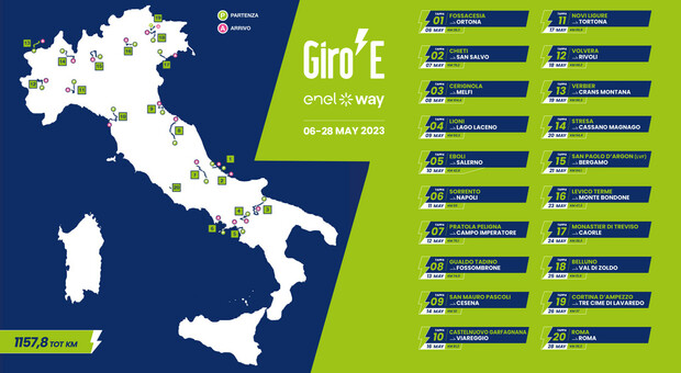 Giro-E 2023, 20 tappe per 1.150 chilometri: dall’Abruzzo alle Dolomiti, poi il Gran Finale a Roma
