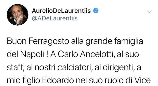 Napoli, messaggio di De Laurentiis: «Buon ferragosto ai napoletani»