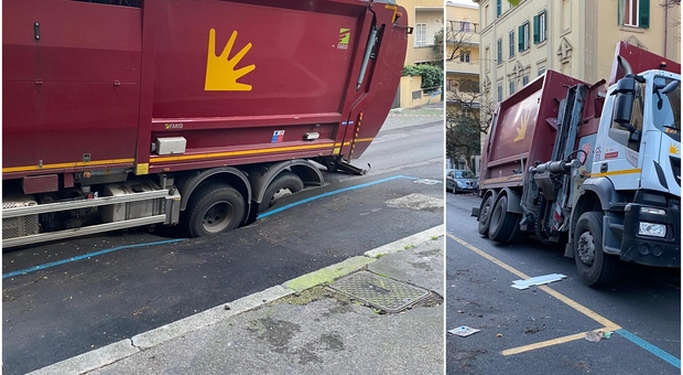 Roma, camion Ama semi inghiottito da una voragine: caos in via dei Giordani