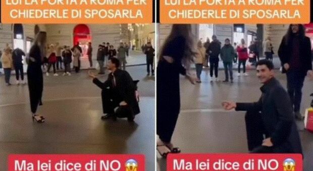 Proposta di matrimonio a Roma, lui si inginocchia a via Condotti (ma lei dice no): il video virale sul web