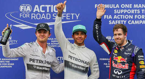Da sinistra Rosberg, Hamilton e Vettel