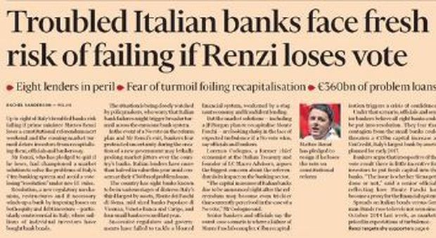 Il Financial Times: "Se vince il no otto banche a rischio fallimento"