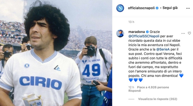 Il Napoli ricorda l'esordio di Diego: «Grazie, chi ama non dimentica»