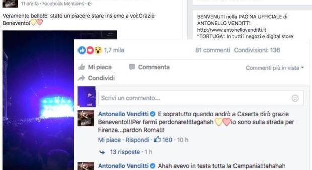 Venditti canta a Benevento e dice: «Grazie Caserta!». Poi ironizza su Facebook