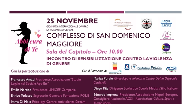 Violenza sulle donne, al complesso di San Domenico Maggiore di Napoli l'evento di sensibilizzazione «Abbi cura di te»